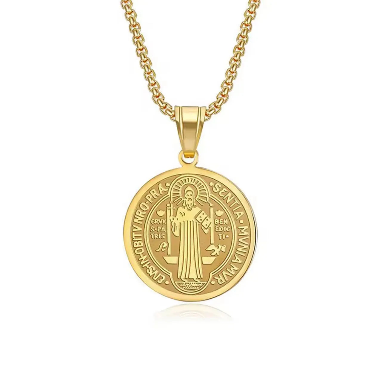 Colgante + Medalla de San Benito Protectora en (Acero Inoxidable 316L) – Oro y Plata